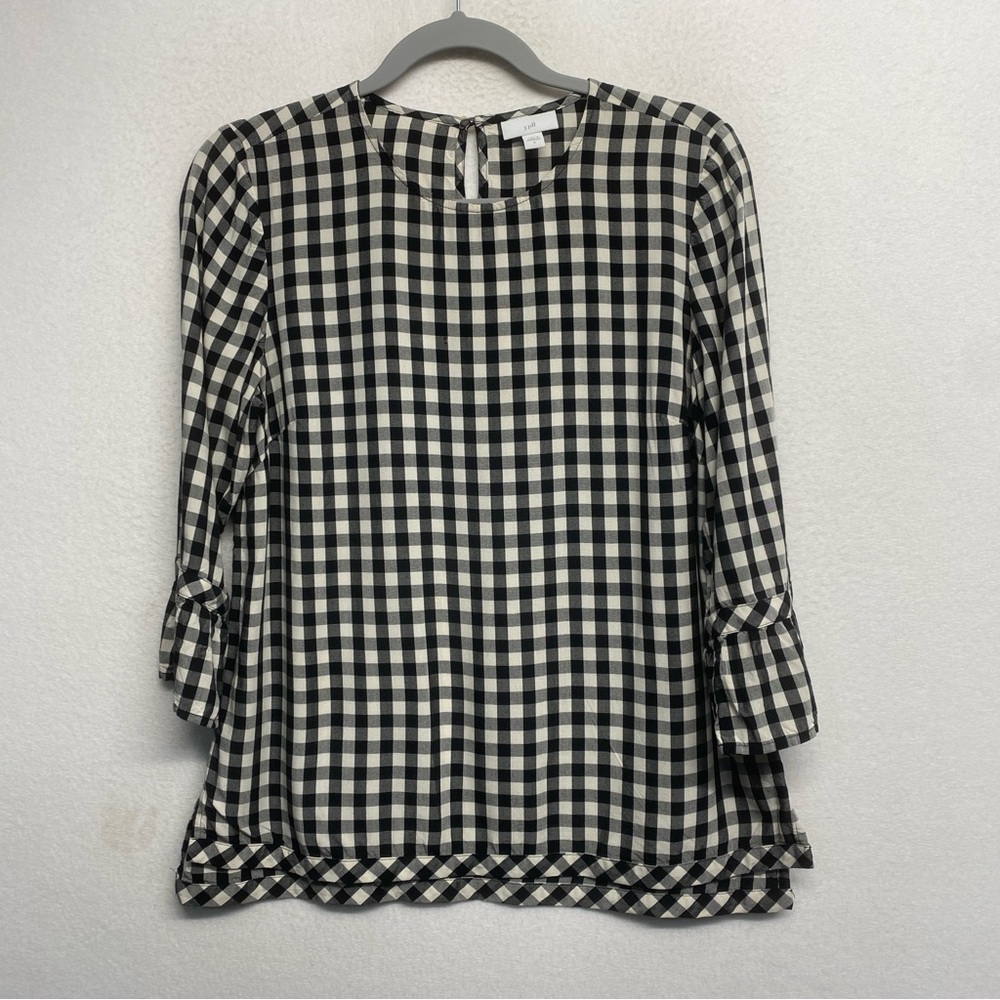 FLAW J Jilll Gingham Buffalo Plaid Black Cream Bell Sleeve‎ Blouse S